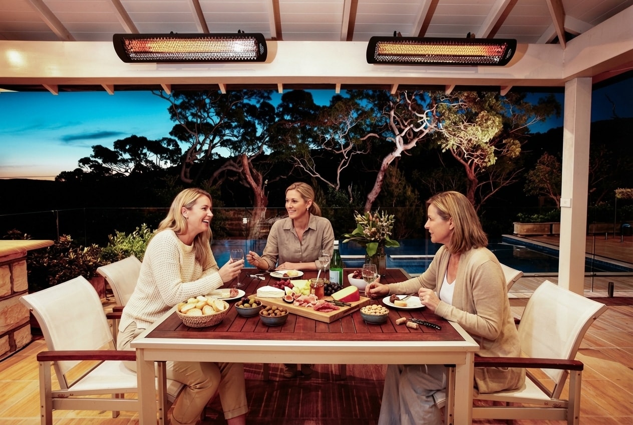 Women dining on a heated outdoor porch with infrared porch heaters above
