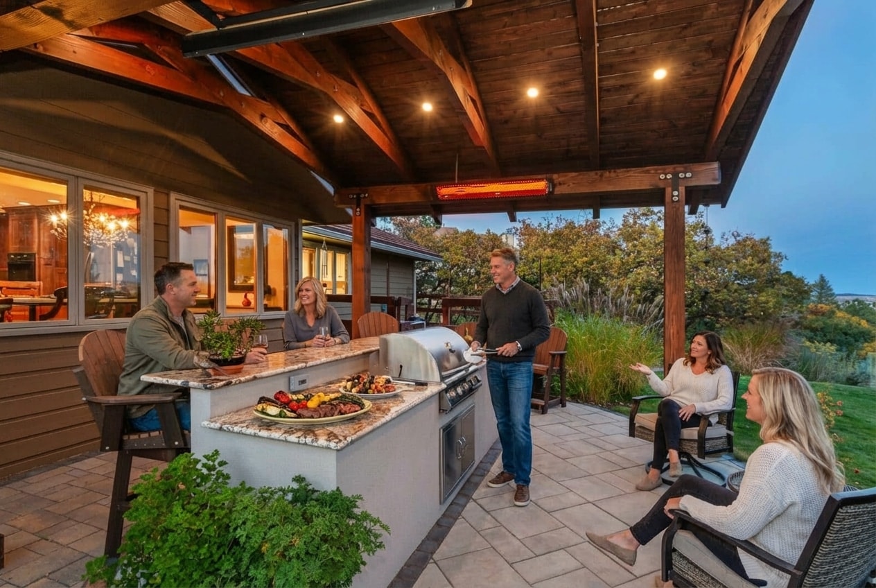 Family entertaining on a covered porch with gas porch heater mounted to ceiling